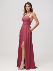 A-Line Square Chiffon Dress With Slit Cinnamon Rose