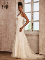 Sweetheart Spaghetti Straps Tulle Mermaid Wedding Dress Ivory