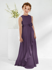 Bateau A-line Junior Bridesmaid Gowns with Bow Plum