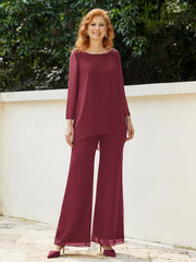 Scoop Chiffon Floor-Length Beaded Pant Suit Cinnamon Rose