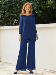 Scoop Chiffon Floor-Length Beaded Pant Suit Navy Blue