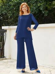 Scoop Chiffon Floor-Length Beaded Pant Suit Navy Blue