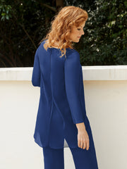 Scoop Chiffon Floor-Length Beaded Pant Suit Navy Blue