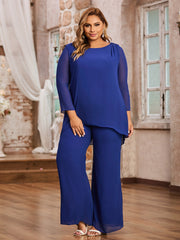 Scoop Chiffon Floor-Length Beaded Pant Suit Royal Blue