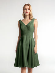Pleated Bodice Circle Skirt V-neck Mini Dress Olive Green