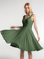 Pleated Bodice Circle Skirt V-neck Mini Dress Olive Green