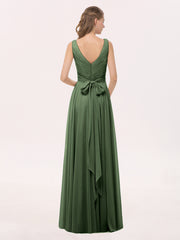 Full Length Chiffon Dresses with Bow Olive Green