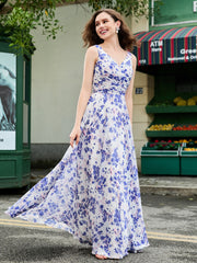 V Neck Floral Print Chiffon Dress With Bow