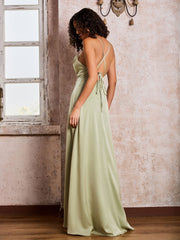 Square Spaghetti Straps Floor-length Dresses With Slit Dusty Sage