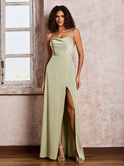 Square Spaghetti Straps Floor-length Dresses With Slit Dusty Sage