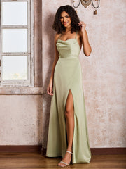 Square Spaghetti Straps Floor-length Dresses With Slit Dusty Sage