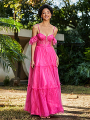 Flutter Sleeves Floor-length Tulle Pleated Gown Azalea Plus Size