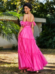 Flutter Sleeves Floor-length Tulle Pleated Gown Azalea