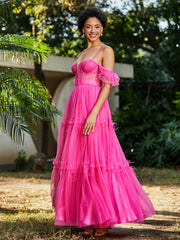 Flutter Sleeves Floor-length Tulle Pleated Gown Azalea Plus Size