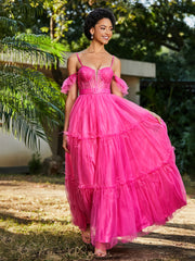 Flutter Sleeves Floor-length Tulle Pleated Gown Azalea