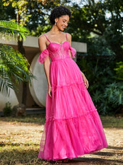 Flutter Sleeves Floor-length Tulle Pleated Gown Azalea