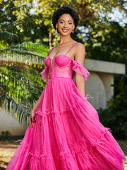 Flutter Sleeves Floor-length Tulle Pleated Gown Azalea