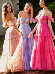 Flutter Sleeves Floor-length Tulle Pleated Gown Blue