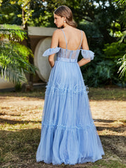 Flutter Sleeves Floor-length Tulle Pleated Gown Blue