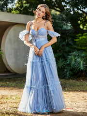 Flutter Sleeves Floor-length Tulle Pleated Gown Blue Plus Size