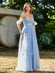 Flutter Sleeves Floor-length Tulle Pleated Gown Blue