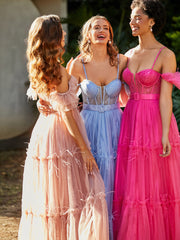 Flutter Sleeves Floor-length Tulle Pleated Gown Blue