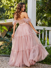 Flutter Sleeves Floor-length Tulle Pleated Gown Dusty Rose Plus Size