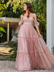 Flutter Sleeves Floor-length Tulle Pleated Gown Dusty Rose Plus Size