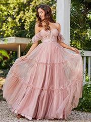 Flutter Sleeves Floor-length Tulle Pleated Gown Dusty Rose Plus Size