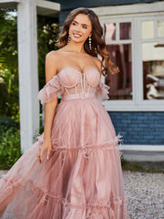 Flutter Sleeves Floor-length Tulle Pleated Gown Dusty Rose Plus Size