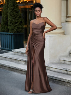 Off the Shoulder Stretch Satin Sweep Train Dress Chocolate