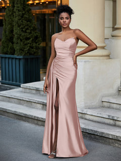 Off the Shoulder Stretch Satin Sweep Train Dress Dusty Rose