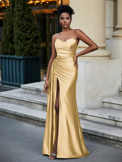 Off the Shoulder Stretch Satin Sweep Train Dress Gold