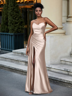 Off the Shoulder Stretch Satin Sweep Train Dress Taupe