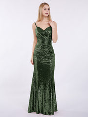 Sequins Lace Dresses with Spaghetti Strap Olive Green