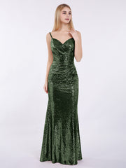 Sequins Lace Dresses with Spaghetti Strap Olive Green