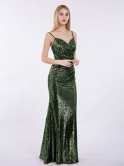 Sequins Lace Dresses with Spaghetti Strap Olive Green
