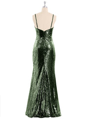 Sequins Lace Dresses with Spaghetti Strap Olive Green