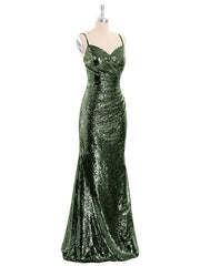Sequins Lace Dresses with Spaghetti Strap Olive Green