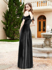 A-line V-neck Velvet Dress With Slit Black