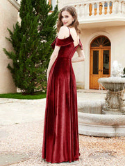 A-line V-neck Velvet Dress With Slit Burgundy