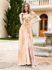 A-line V-neck Velvet Dress With Slit Champagne