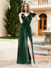 A-line V-neck Velvet Dress With Slit Dark Green