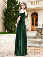 A-line V-neck Velvet Dress With Slit Dark Green