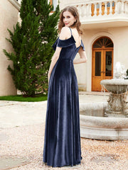 A-line V-neck Velvet Dress With Slit Dark Navy