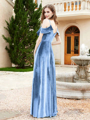 A-line V-neck Velvet Dress With Slit Dusty Blue