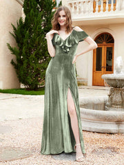 A-line V-neck Velvet Dress With Slit Dusty Sage