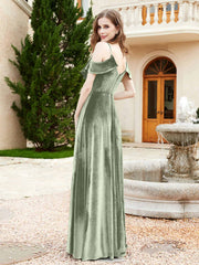 A-line V-neck Velvet Dress With Slit Dusty Sage