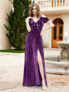 A-line V-neck Velvet Dress With Slit Grape