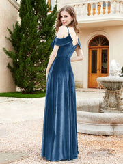 A-line V-neck Velvet Dress With Slit Ink Blue